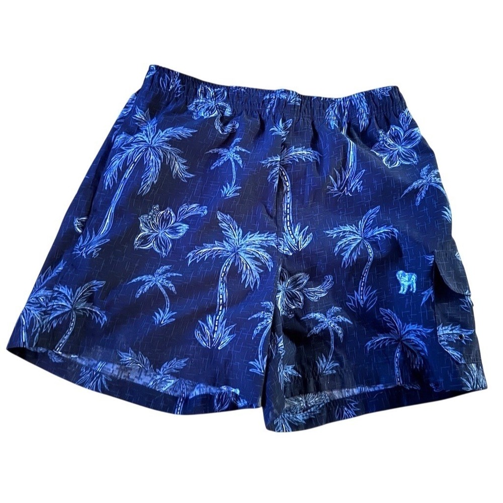 Big Dogs Mens Board Shorts Swim Trunks Size L Navy Blue Palm Tree Print Y2K rare